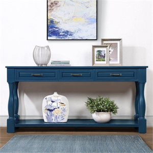 Navy 63 Pine Wood Console Table with 3 Drawers and Shelf for Entryway Sofa