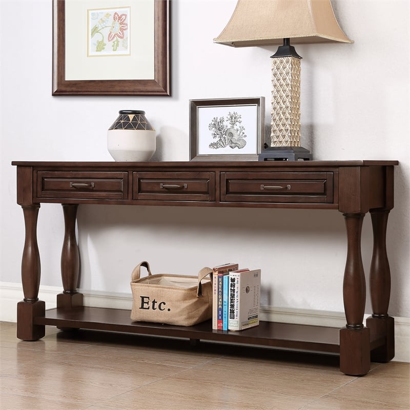 Light Espresso 63 Pine Wood Console Table with 3 Drawers and Shelf for Entryway
