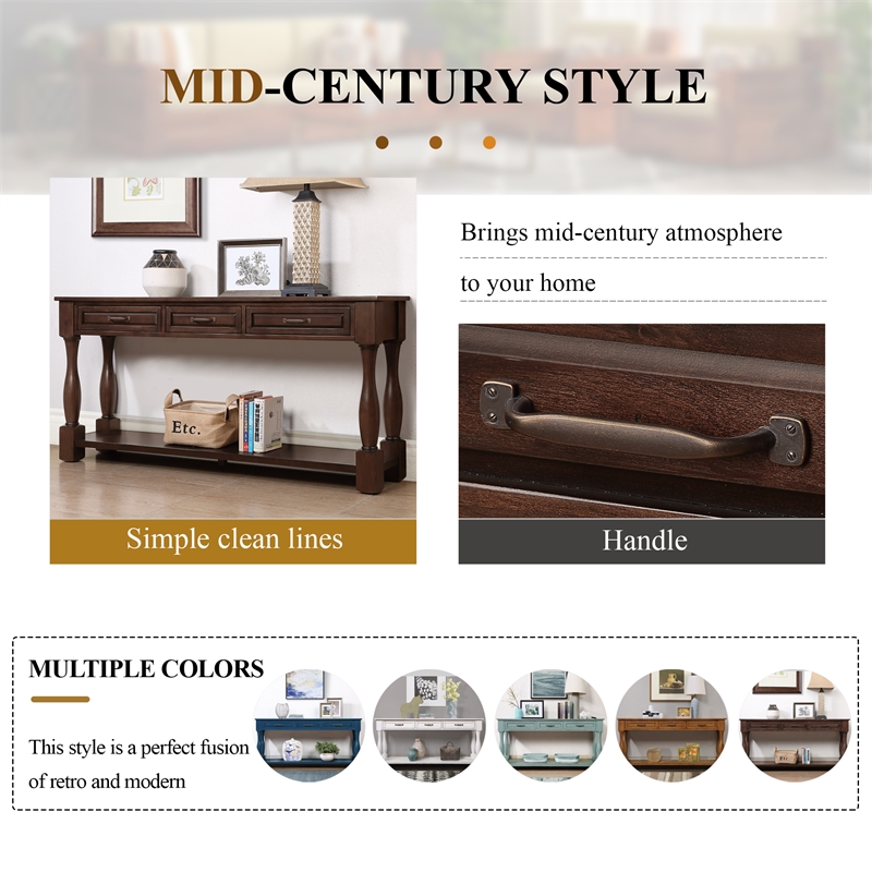 Light Espresso 63 Pine Wood Console Table with 3 Drawers and Shelf for Entryway