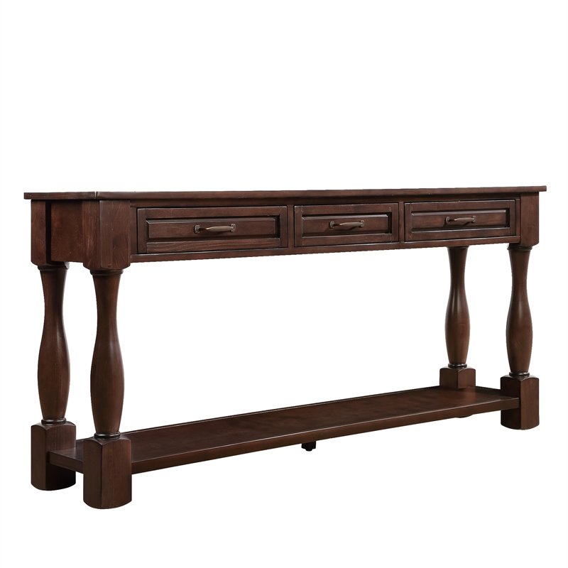 Light Espresso 63 Pine Wood Console Table with 3 Drawers and Shelf for Entryway