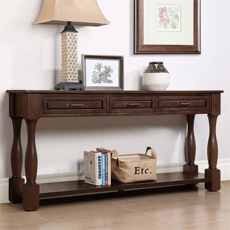 Light Espresso 63 Pine Wood Console Table with 3 Drawers and Shelf for Entryway