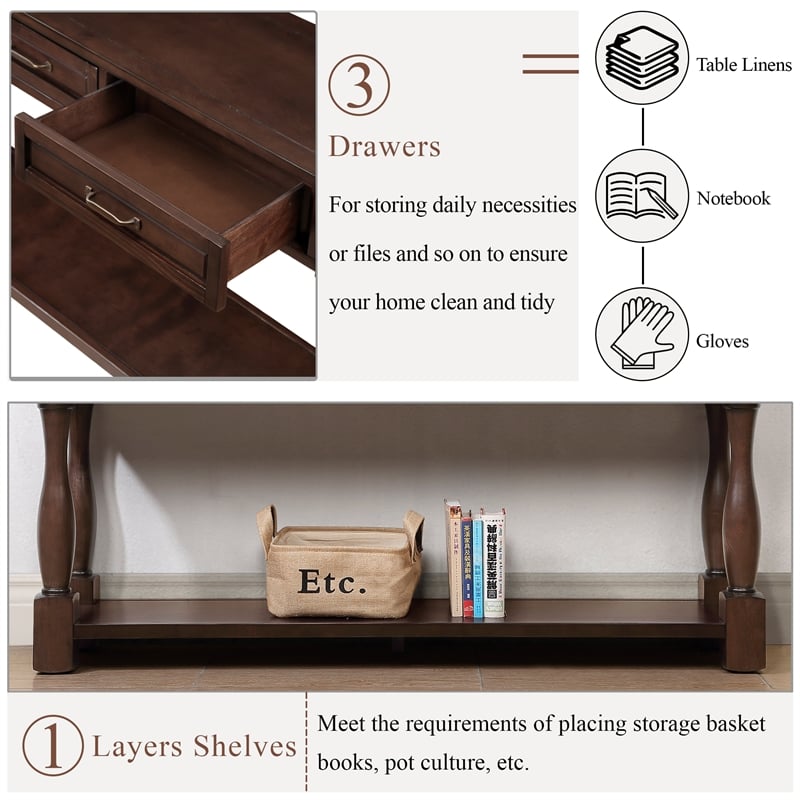 Light Espresso 63 Pine Wood Console Table with 3 Drawers and Shelf for Entryway