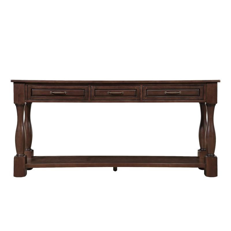 Light Espresso 63 Pine Wood Console Table with 3 Drawers and Shelf for Entryway