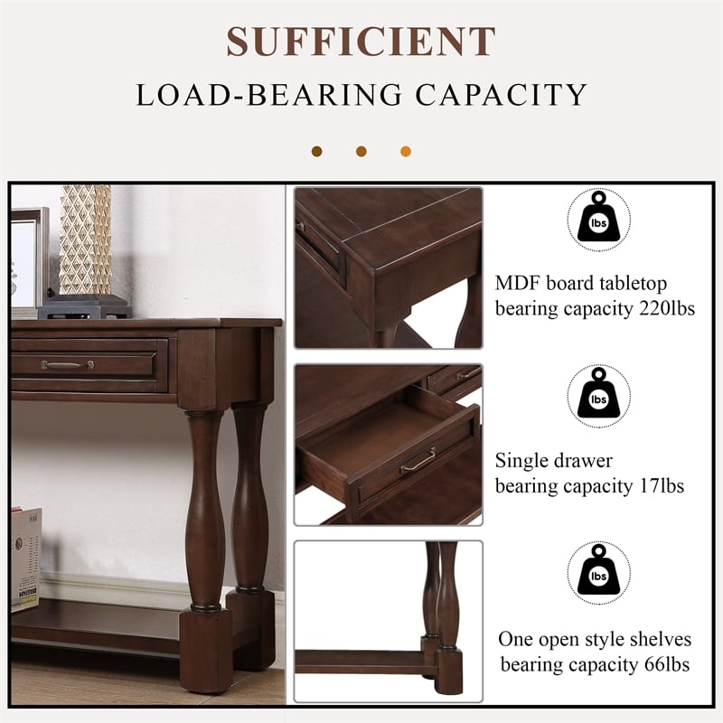Light Espresso 63 Pine Wood Console Table with 3 Drawers and Shelf for Entryway