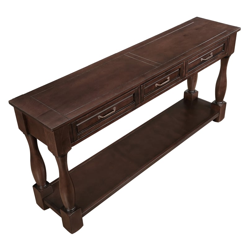Light Espresso 63 Pine Wood Console Table with 3 Drawers and Shelf for Entryway