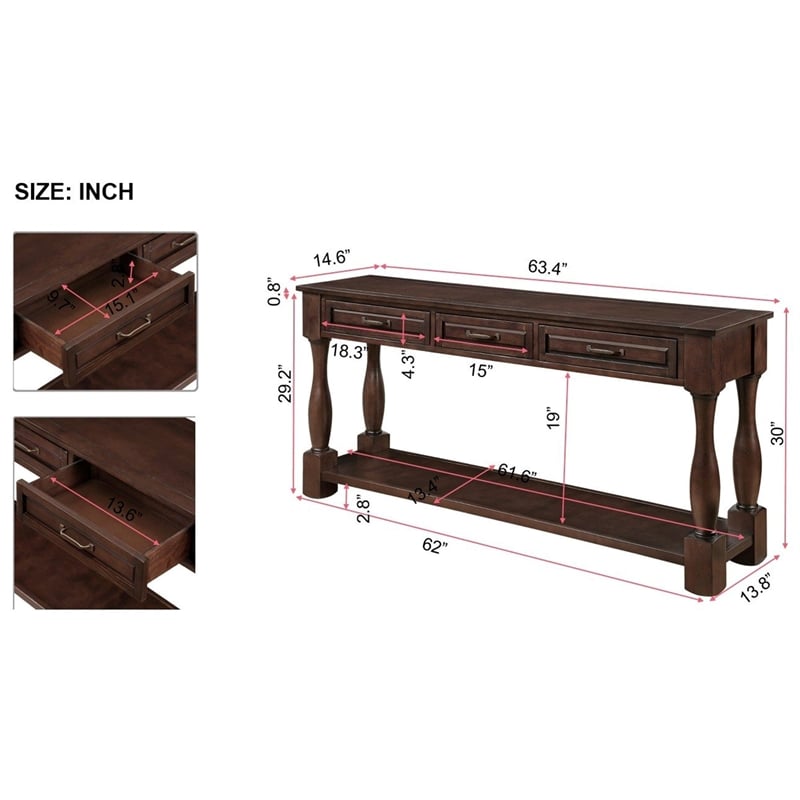 Light Espresso 63 Pine Wood Console Table with 3 Drawers and Shelf for Entryway