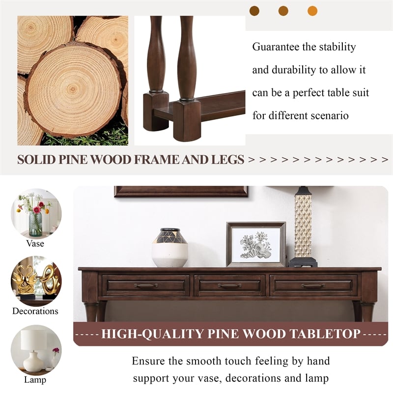 Light Espresso 63 Pine Wood Console Table with 3 Drawers and Shelf for Entryway