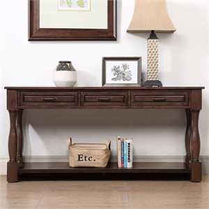 Light Espresso 63 Pine Wood Console Table with 3 Drawers and Shelf for Entryway