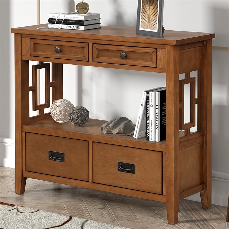 Brown 36 Pine Wood Console Table with 4 Drawers and Storage Shelf