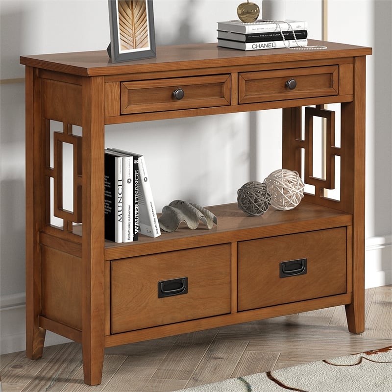 Brown 36 Pine Wood Console Table with 4 Drawers and Storage Shelf