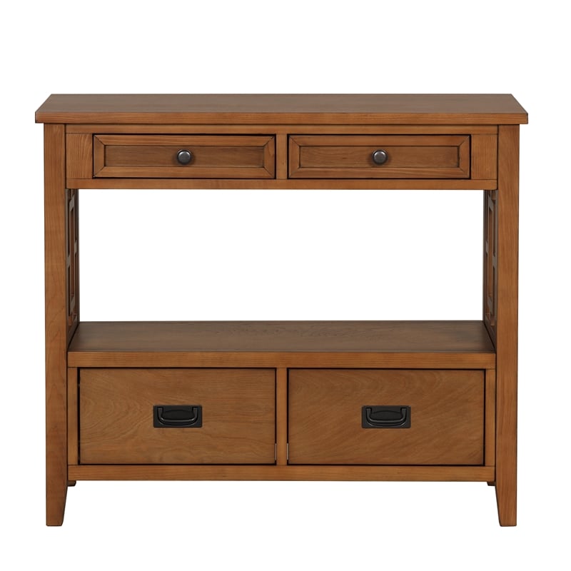 Brown 36 Pine Wood Console Table with 4 Drawers and Storage Shelf