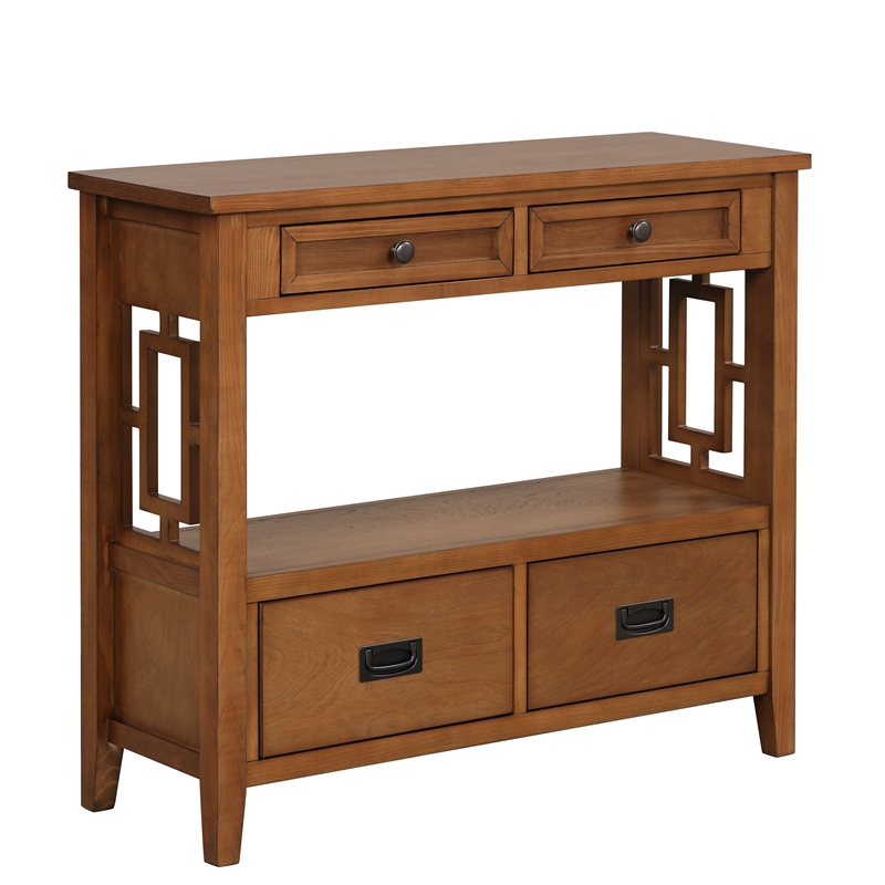 Brown 36 Pine Wood Console Table with 4 Drawers and Storage Shelf