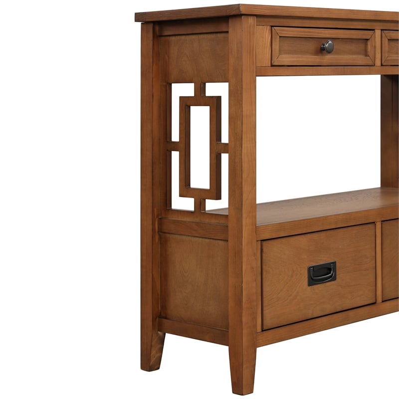 Brown 36 Pine Wood Console Table with 4 Drawers and Storage Shelf