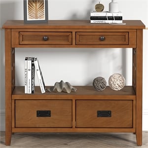 Brown 36 Pine Wood Console Table with 4 Drawers and Storage Shelf