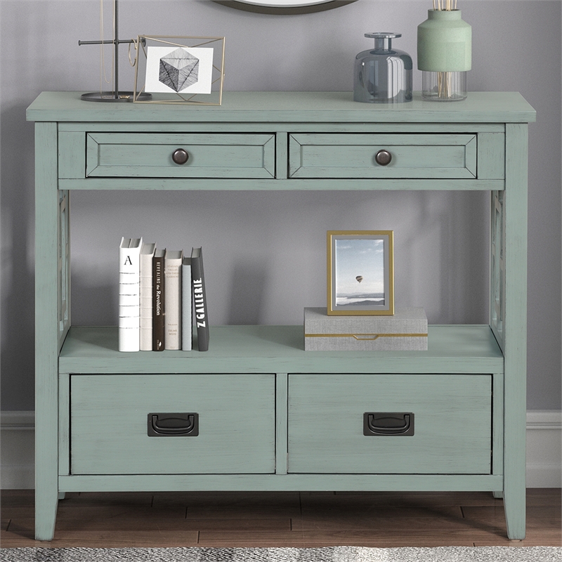 Blue 36 Pine Wood Farmhouse Console Table with 4 Drawers and Storage Shelf