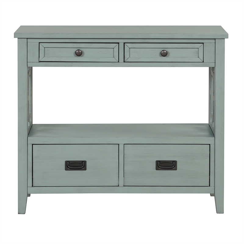 Blue 36 Pine Wood Farmhouse Console Table with 4 Drawers and Storage Shelf