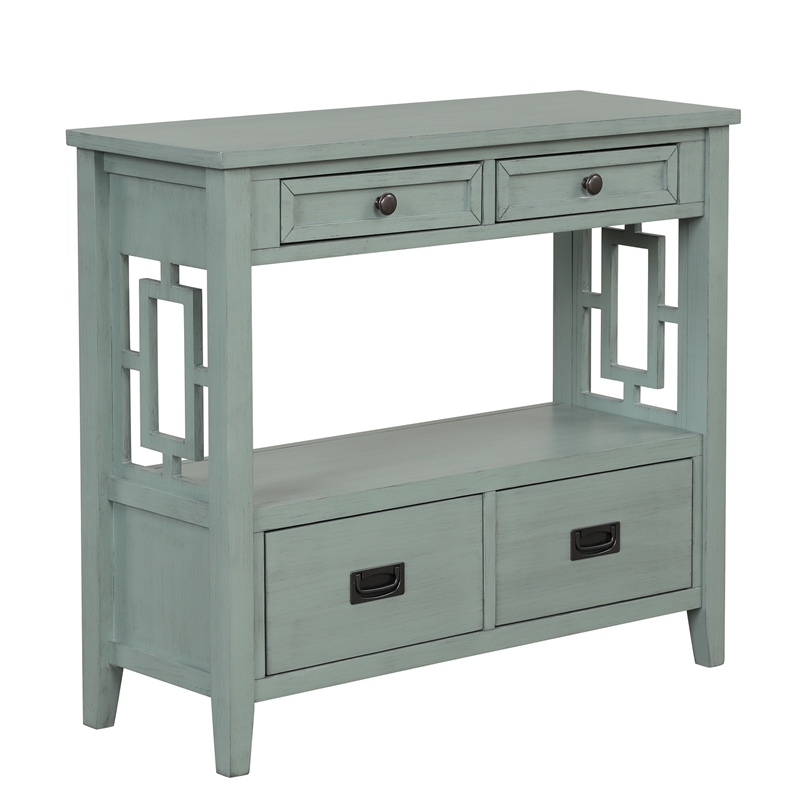 Blue 36 Pine Wood Farmhouse Console Table with 4 Drawers and Storage Shelf