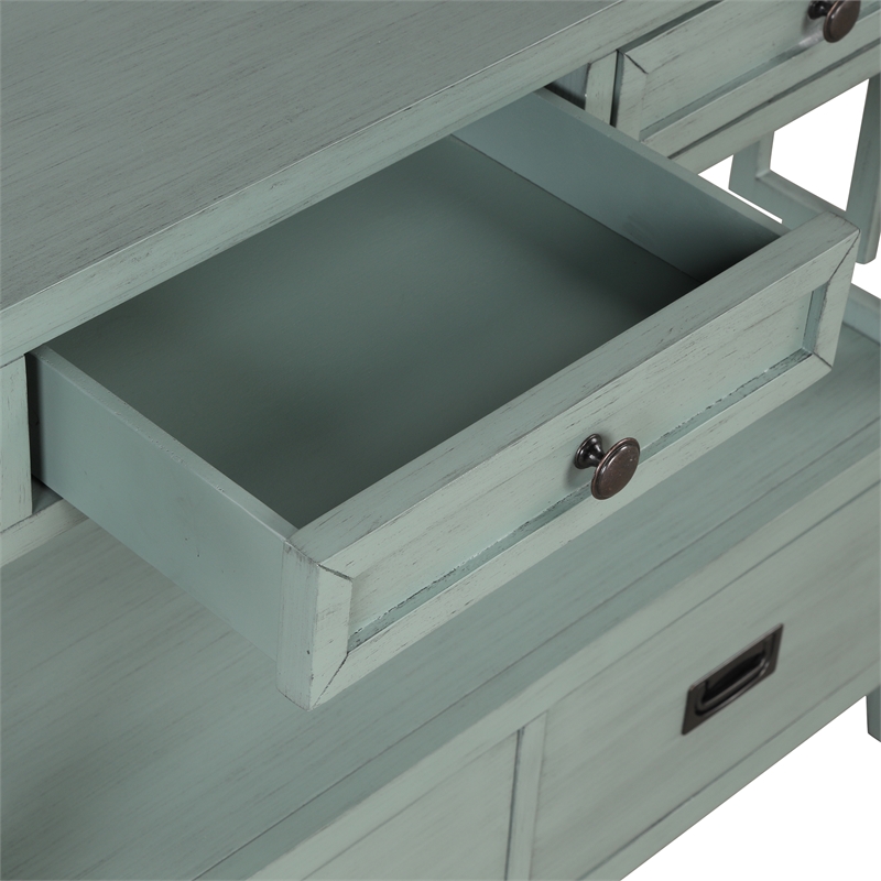 Blue 36 Pine Wood Farmhouse Console Table with 4 Drawers and Storage Shelf