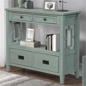 Blue 36 Pine Wood Farmhouse Console Table with 4 Drawers and Storage Shelf