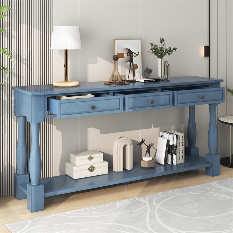 Navy Solid Wood 63 Console Table with Drawers and Shelf for Entryway Hallway