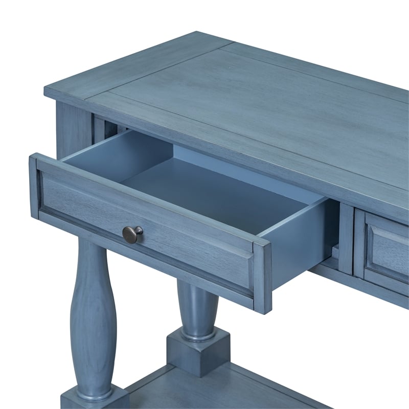 Navy Solid Wood 63 Console Table with Drawers and Shelf for Entryway Hallway