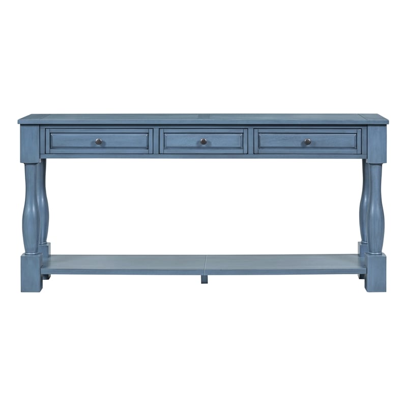 Navy Solid Wood 63 Console Table with Drawers and Shelf for Entryway Hallway