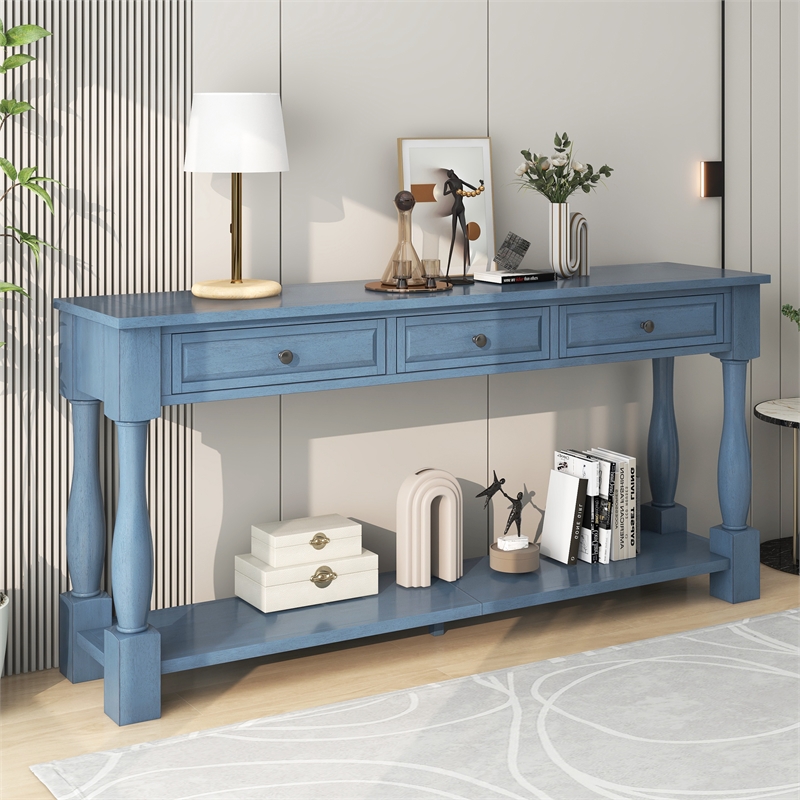 Navy Solid Wood 63 Console Table with Drawers and Shelf for Entryway Hallway