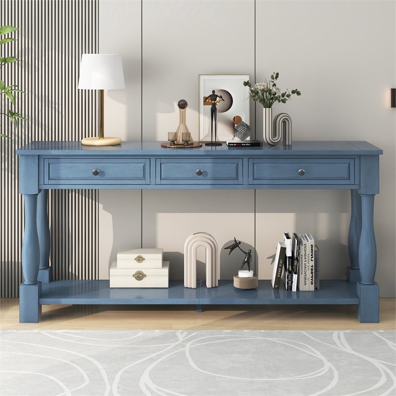 Navy Solid Wood 63 Console Table with Drawers and Shelf for Entryway Hallway
