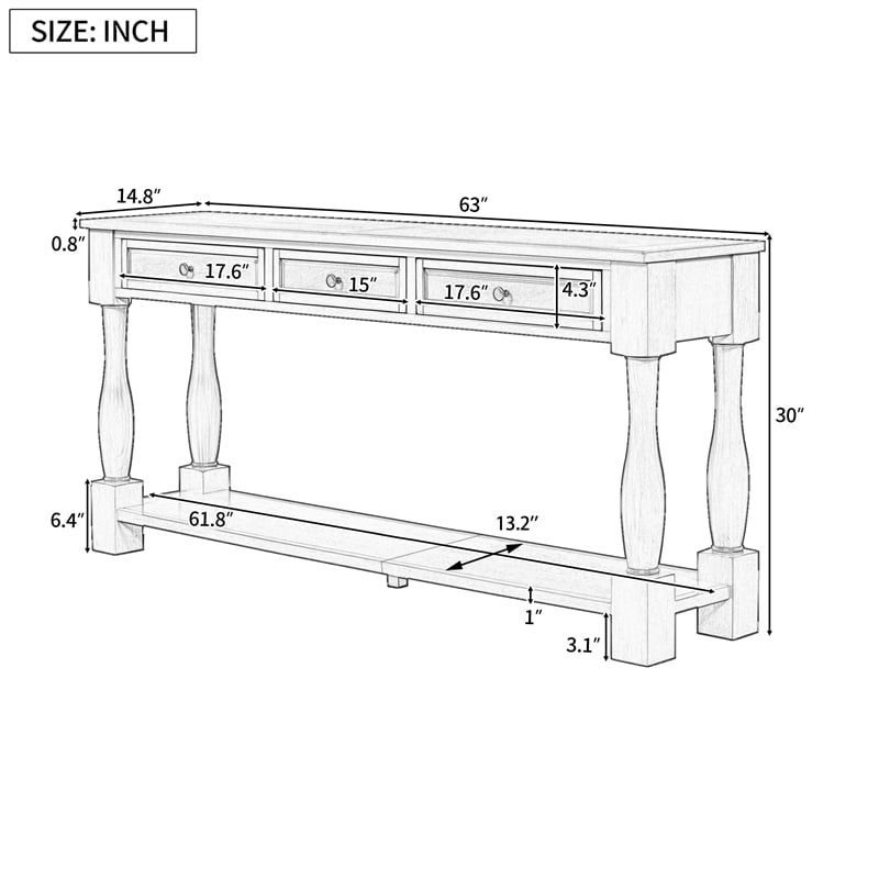 Navy Solid Wood 63 Console Table with Drawers and Shelf for Entryway Hallway