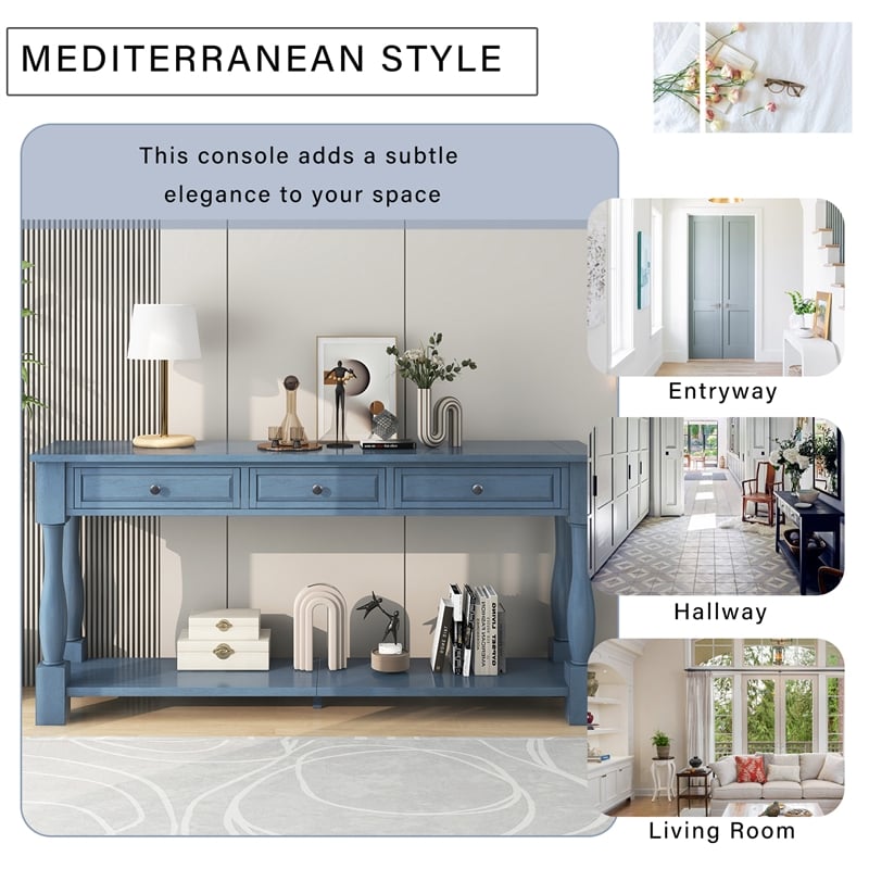 Navy Solid Wood 63 Console Table with Drawers and Shelf for Entryway Hallway