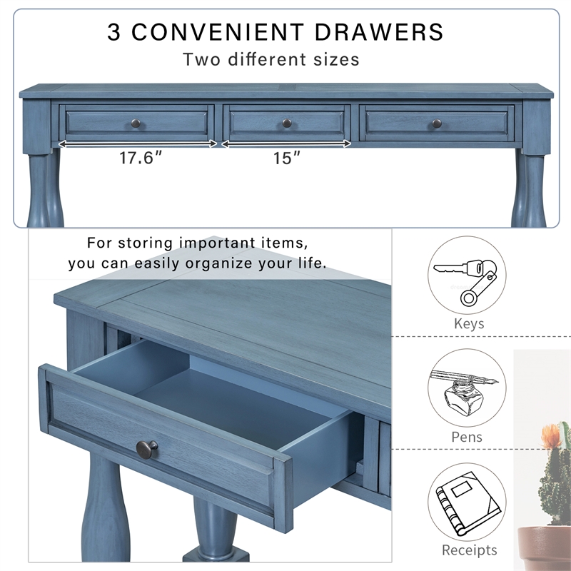 Navy Solid Wood 63 Console Table with Drawers and Shelf for Entryway Hallway