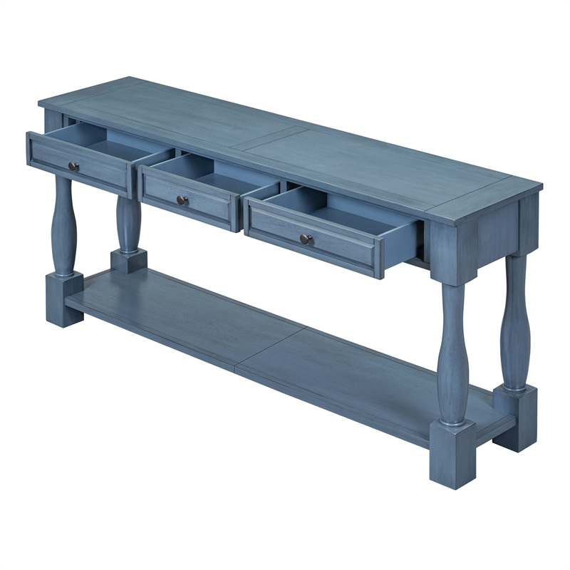 Navy Solid Wood 63 Console Table with Drawers and Shelf for Entryway Hallway