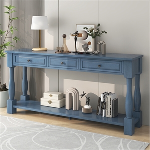 Navy Solid Wood 63 Console Table with Drawers and Shelf for Entryway Hallway