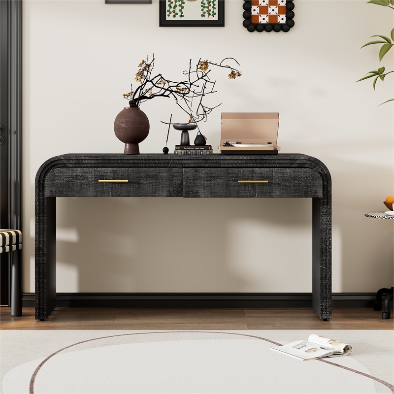 Black Solid Wood Retro Console Table with 2 Drawers and Open Shelf