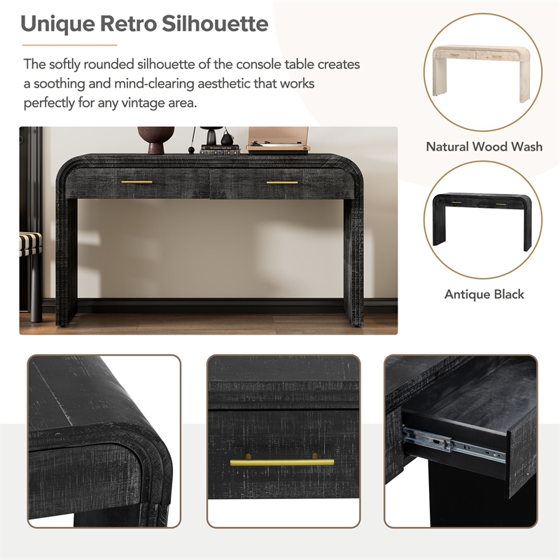 Black Solid Wood Retro Console Table with 2 Drawers and Open Shelf