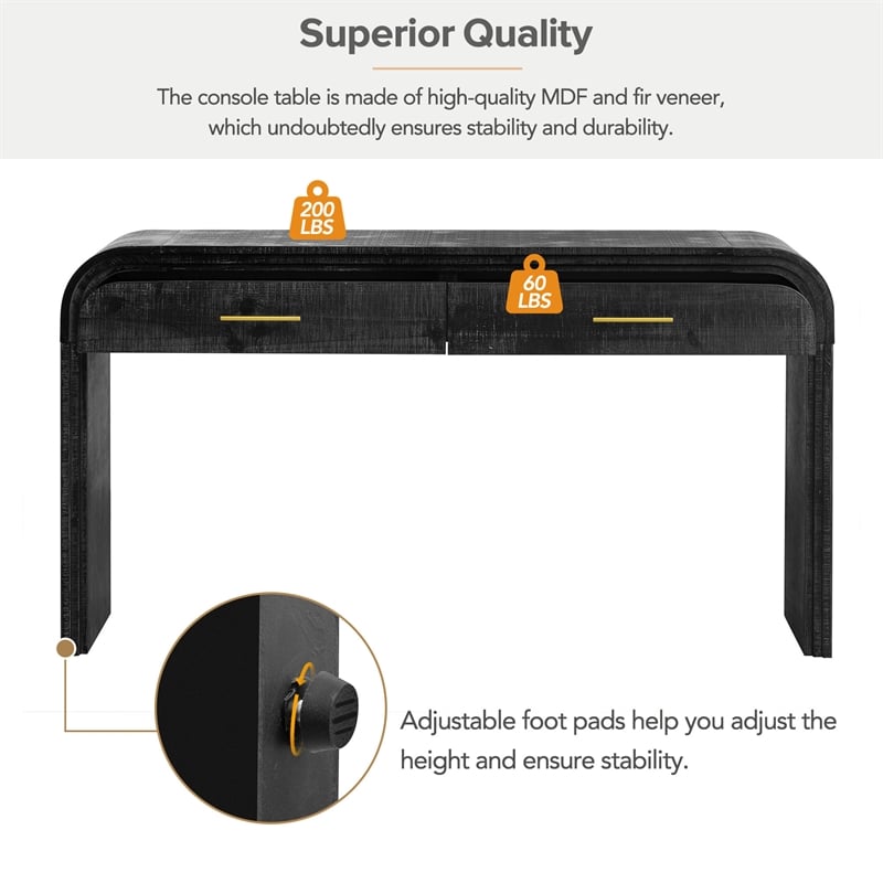 Black Solid Wood Retro Console Table with 2 Drawers and Open Shelf