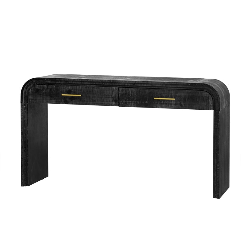 Black Solid Wood Retro Console Table with 2 Drawers and Open Shelf