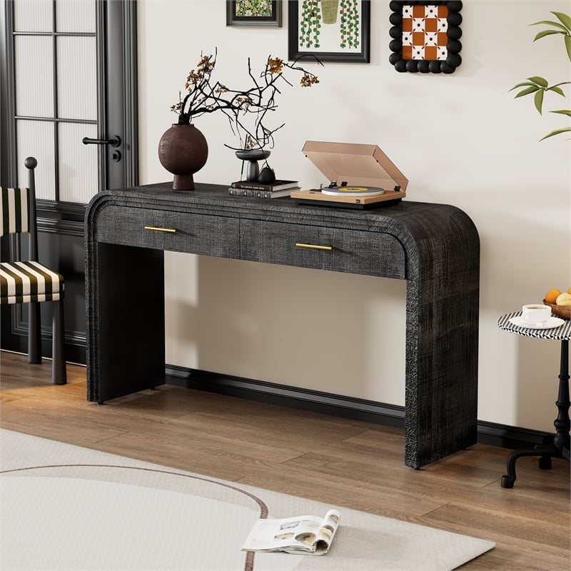 Black Solid Wood Retro Console Table with 2 Drawers and Open Shelf