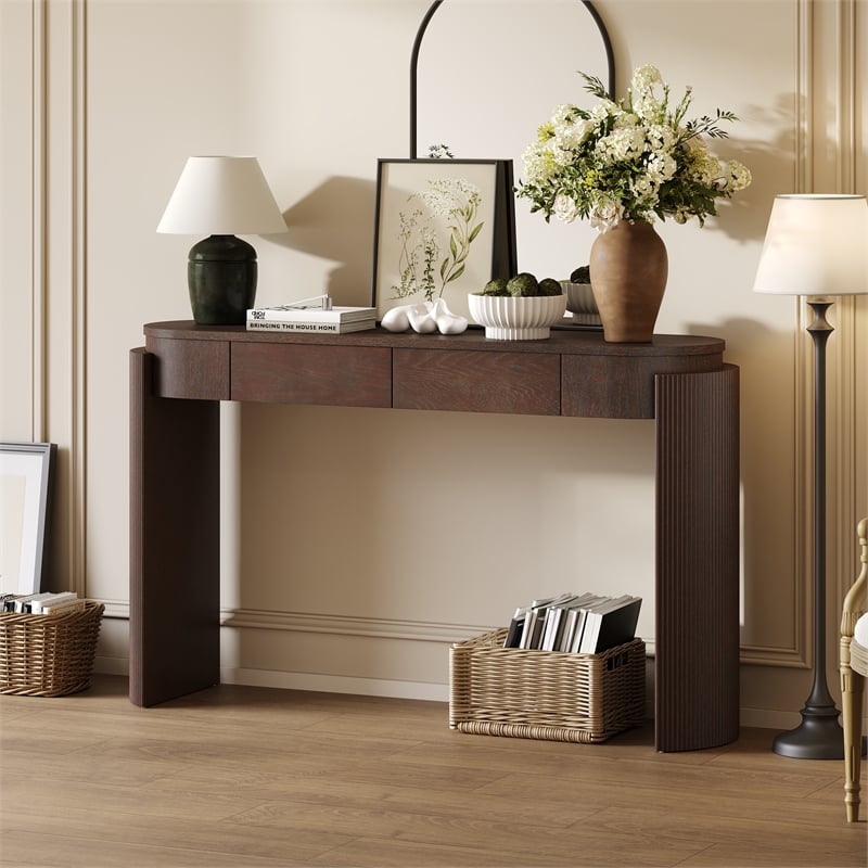 Espresso Solid Wood Entryway Table with Oval Fluted Design and 2 Drawers