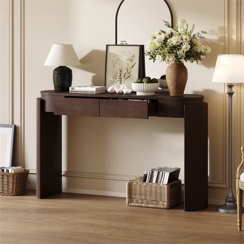 Espresso Solid Wood Entryway Table with Oval Fluted Design and 2 Drawers