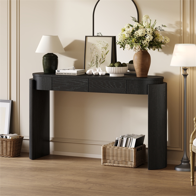 Black Solid Wood Oval Console Table with Fluted Design and 2 Drawers
