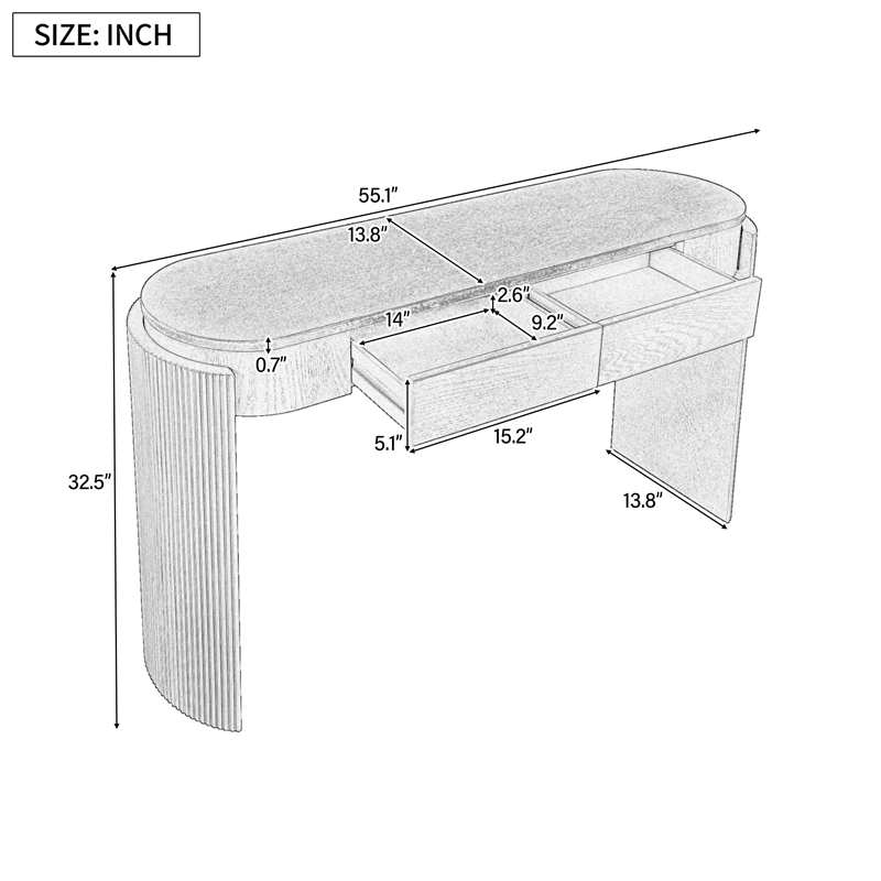 Black Solid Wood Oval Console Table with Fluted Design and 2 Drawers