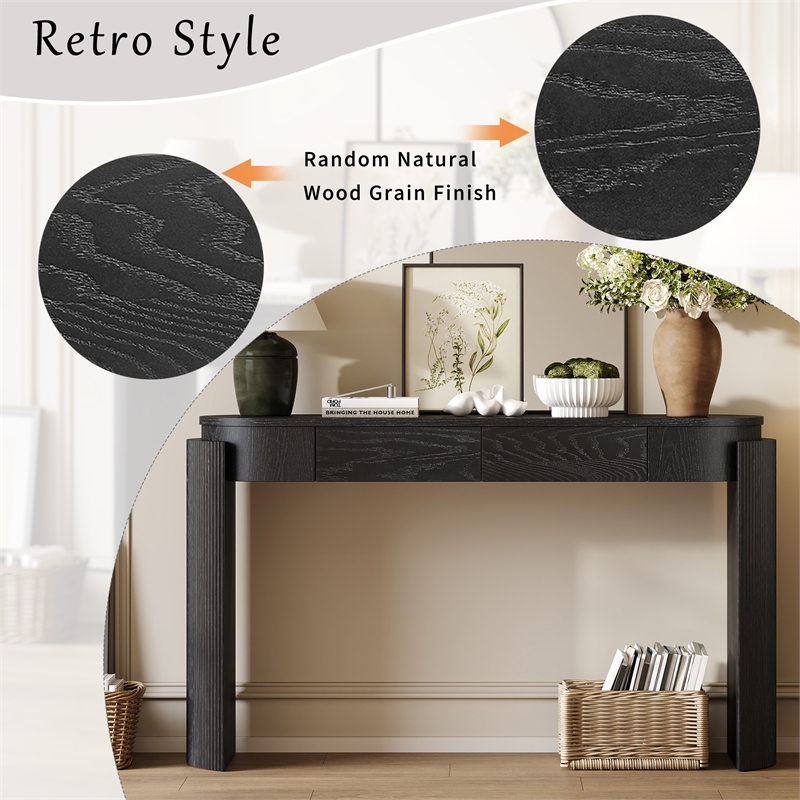Black Solid Wood Oval Console Table with Fluted Design and 2 Drawers