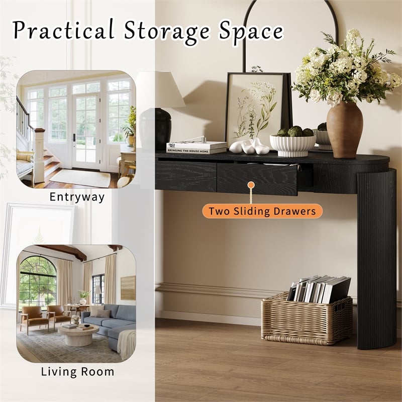 Black Solid Wood Oval Console Table with Fluted Design and 2 Drawers