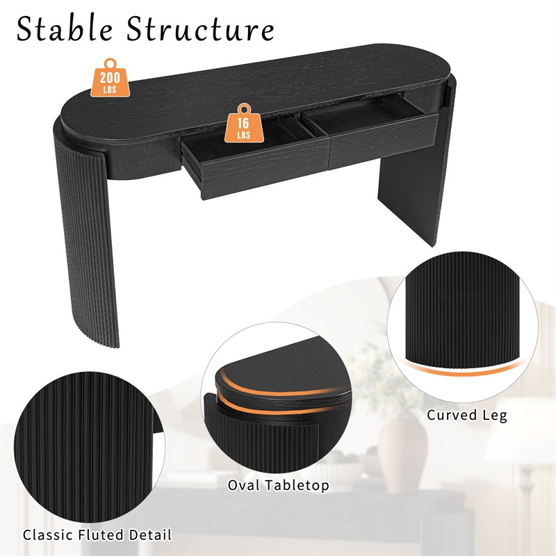 Black Solid Wood Oval Console Table with Fluted Design and 2 Drawers