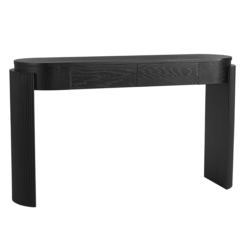 Black Solid Wood Oval Console Table with Fluted Design and 2 Drawers