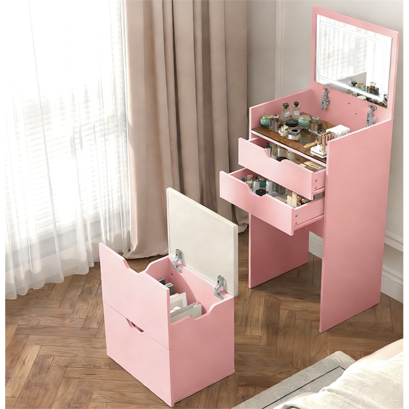 Pink Wooden 3 in 1 Dressing Table Set with LED Mirror and Storage Stool