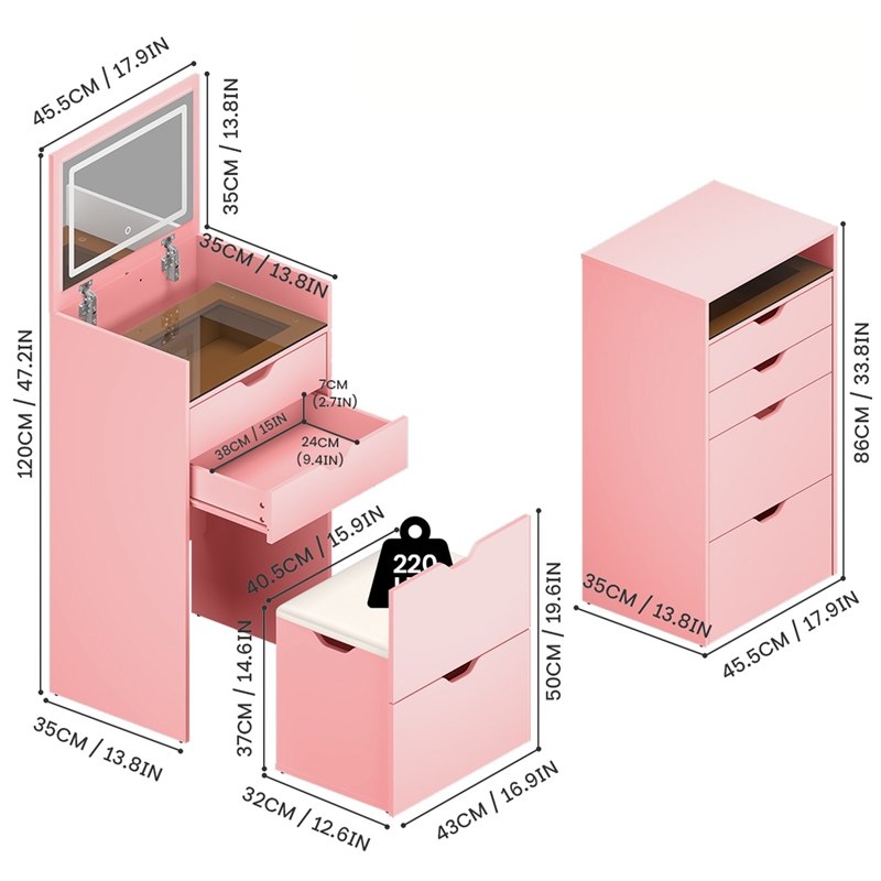 Pink Wooden 3 in 1 Dressing Table Set with LED Mirror and Storage Stool