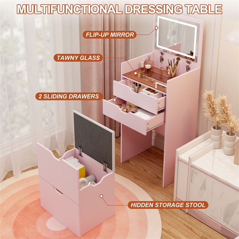 Pink Wooden 3 in 1 Dressing Table Set with LED Mirror and Storage Stool