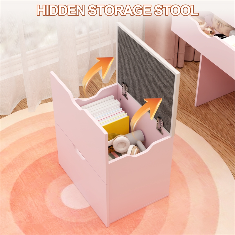 Pink Wooden 3 in 1 Dressing Table Set with LED Mirror and Storage Stool